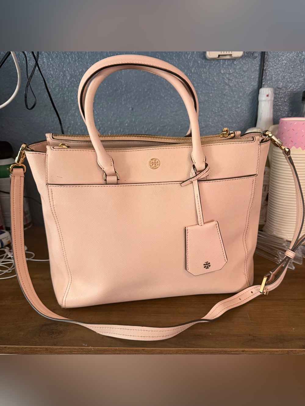 Tory Burch Blush Pink Leather Tote with Gold Hardware
